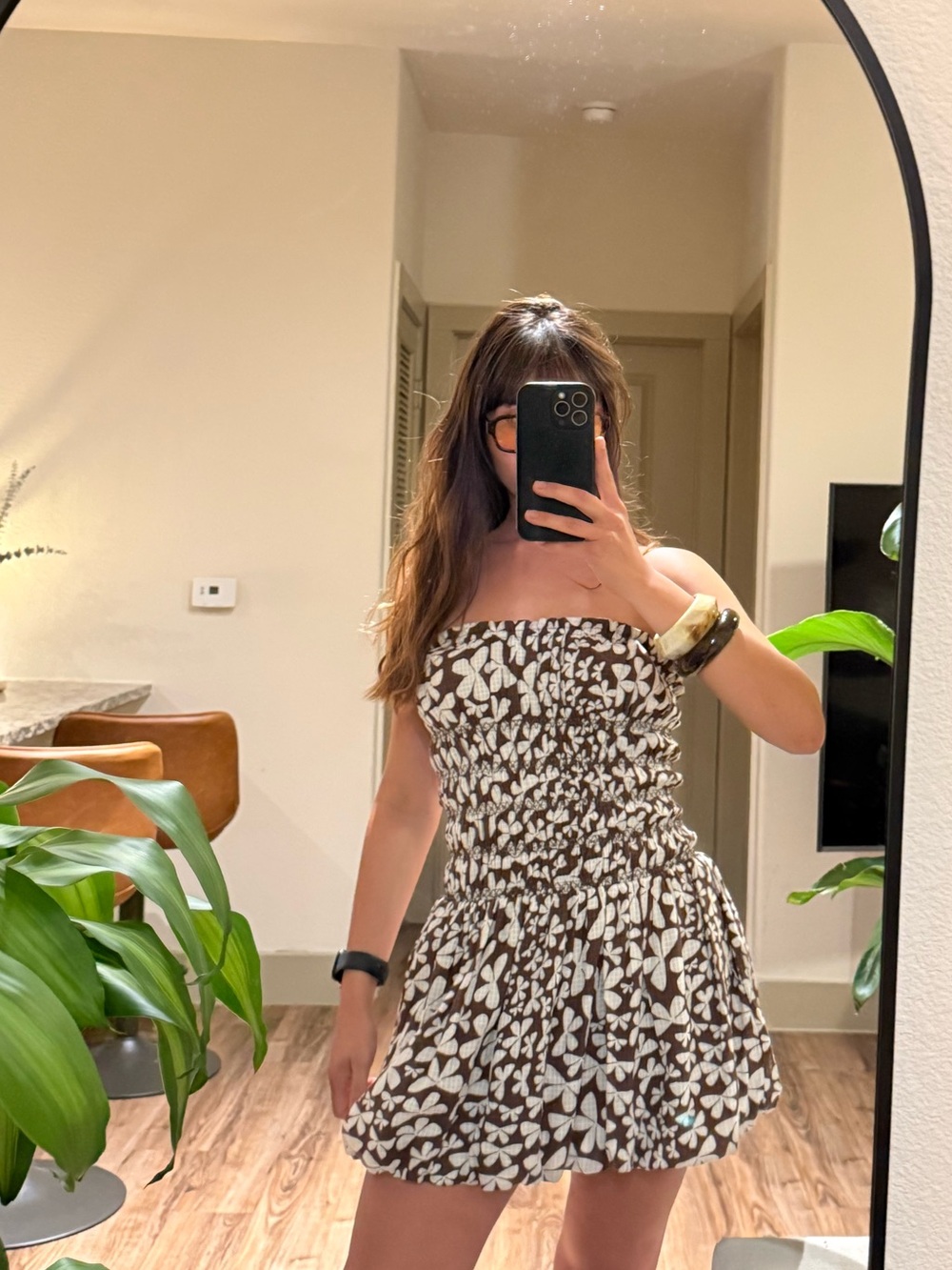 Free People Brown and White Floral Strapless Smocked Mini Dress